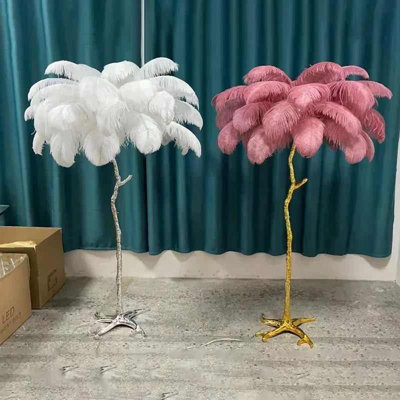 Nordic Ostrich Feather Led Floor Lamp Resin Copper Living Room Home Decor Standing Light Indoor Lighting Bedroom Bedside Light