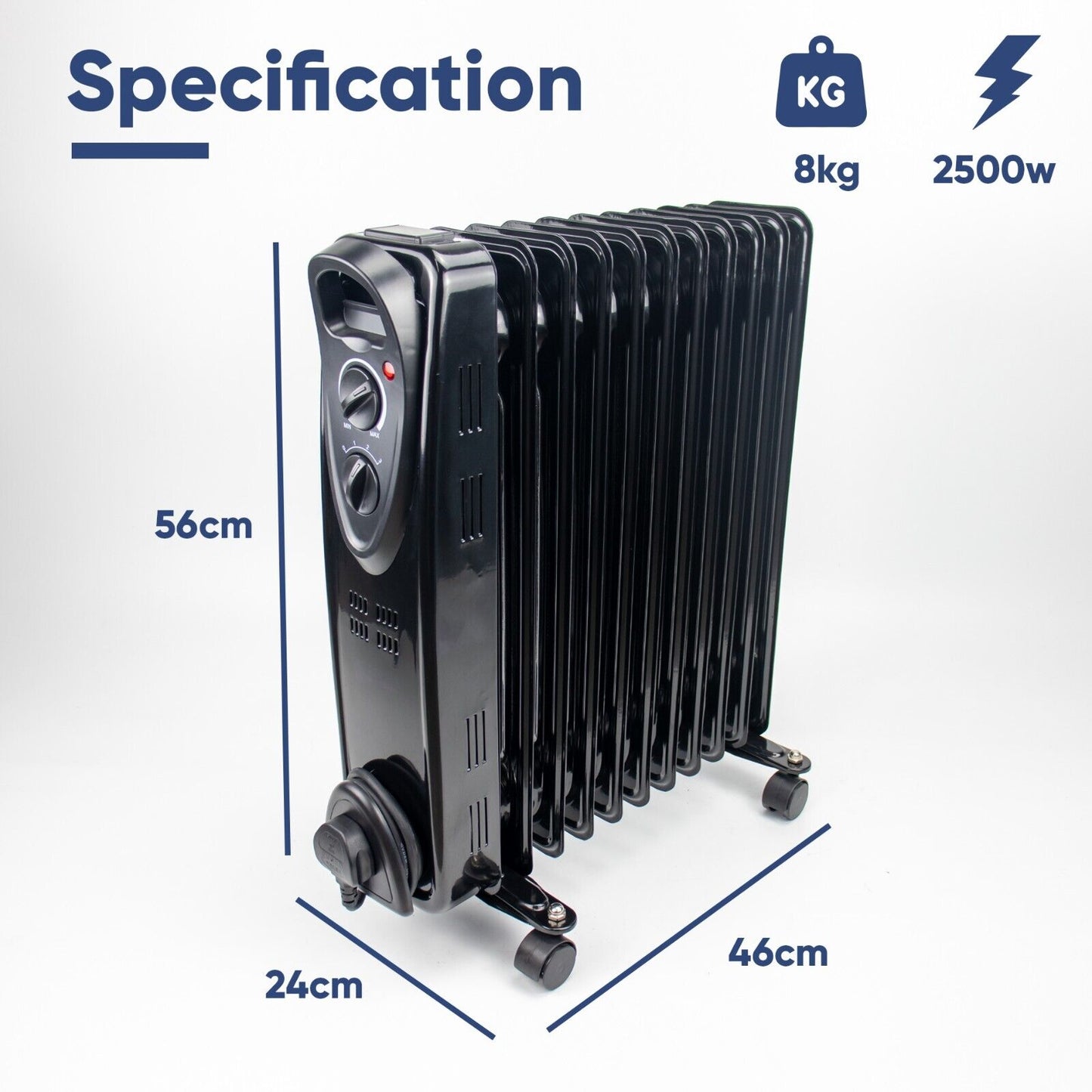 Oil Filled RADIATOR Heater BLACK Portable Electric Oil Heater & Thermostat 2500W