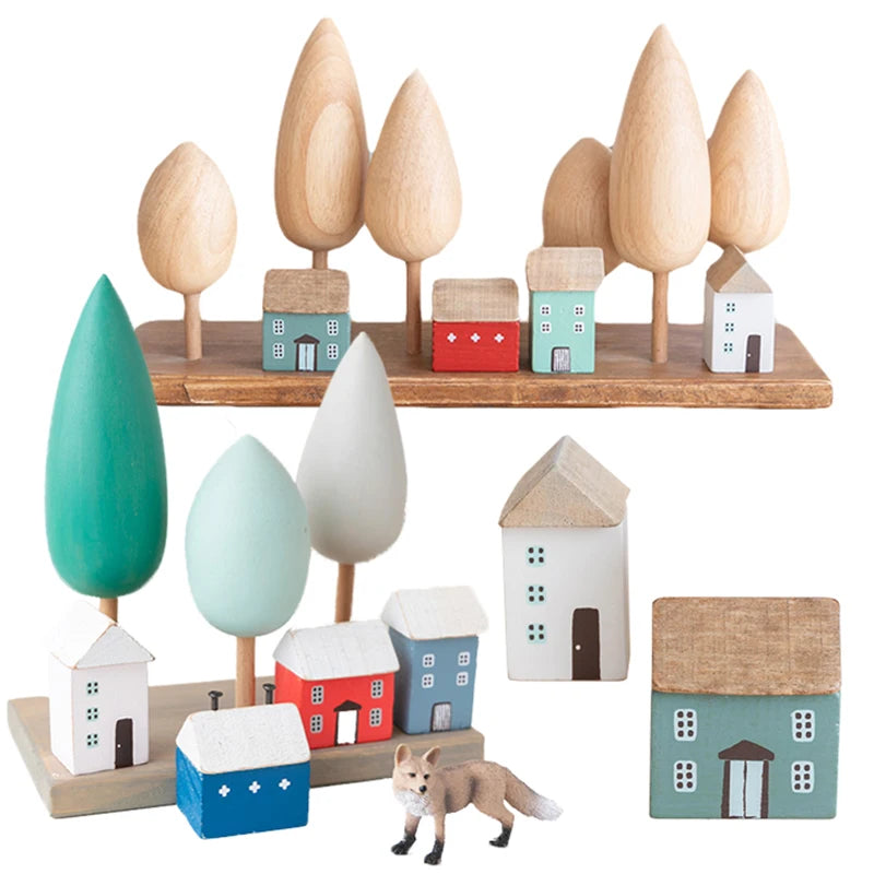 Nordic Waldorf Wooden Toys House Forest Building Blocks Ornaments Toy Montessori Educational Open Ended Wooden Toys for Children