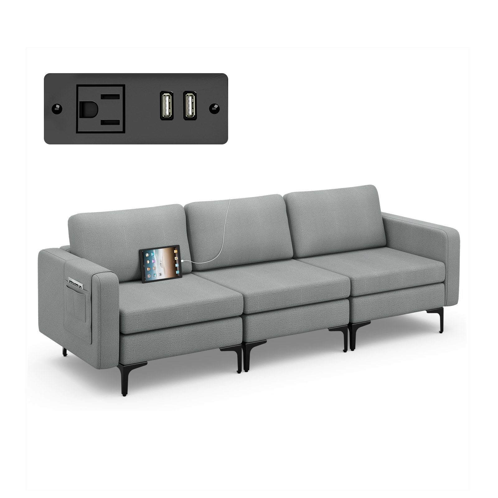 3-Seat Sofa with Magazine Caddy Holder, Socket and USB Charging Ports