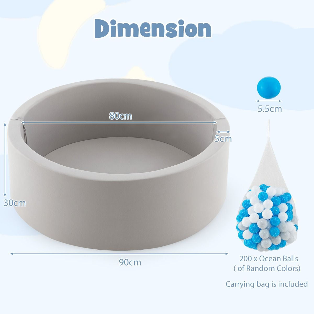 90 X 30Cm Soft round Ball Pool for Toddlers and Baby with 200 Ocean Balls and Storage Bag