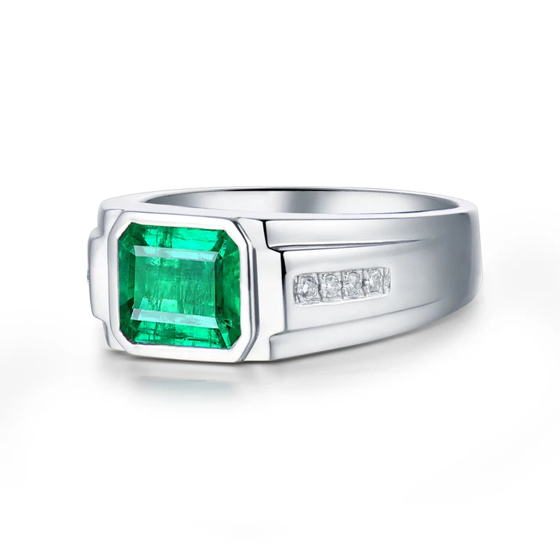 Ring Men Natural Emerald 18Kt Au750 White Gold Male Diamonds Rings for Man Engagement Eternity Husband Ring Gifts