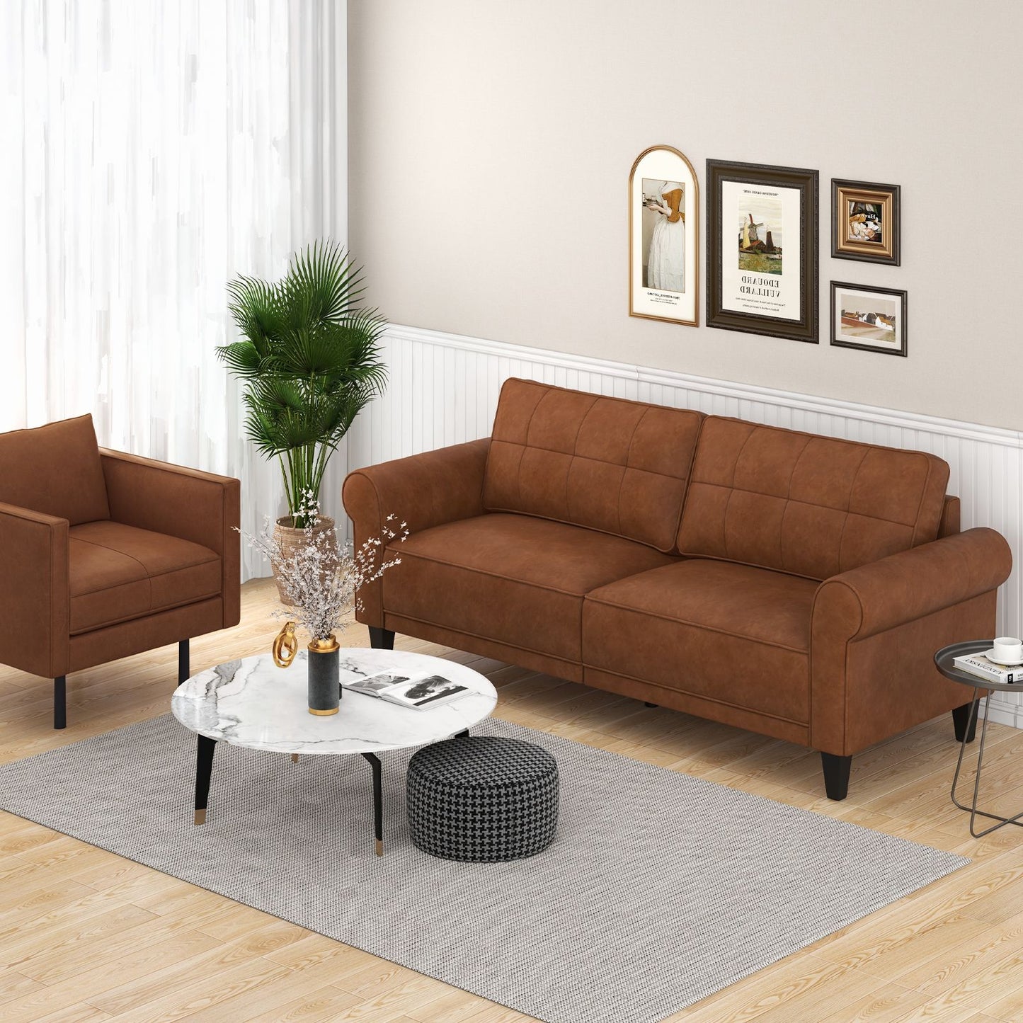 206 Cm PU Leather Sofa Couch with 2 Detachable Back Pillows