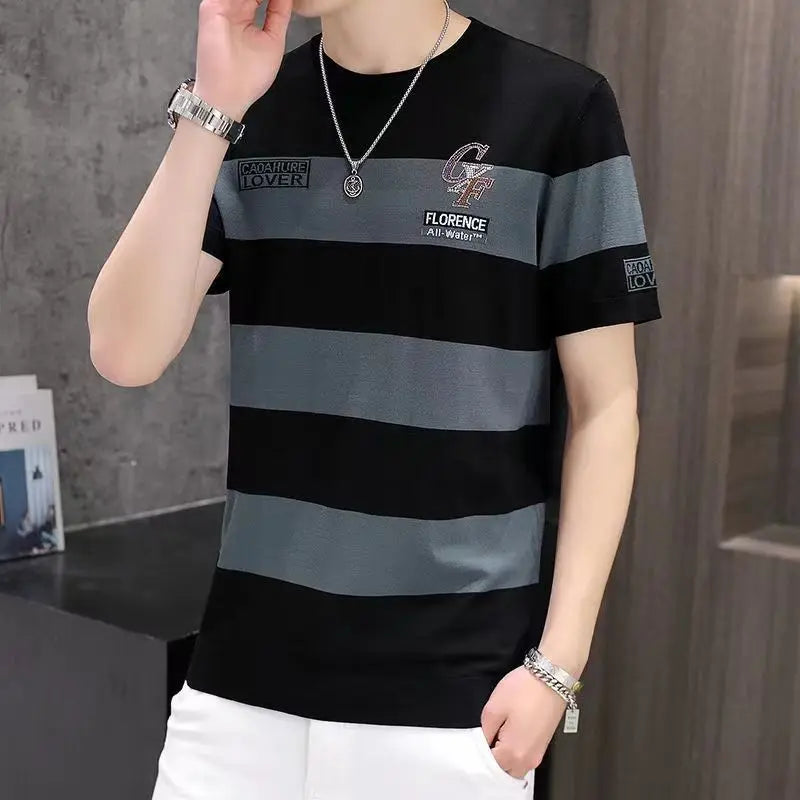 New Ultra-Thin Ice Silk Breathable Short Sleeve Summer Men'S round Neck Striped Slim Fashion Hip Hop Casual T-Shirt XL-XXXL