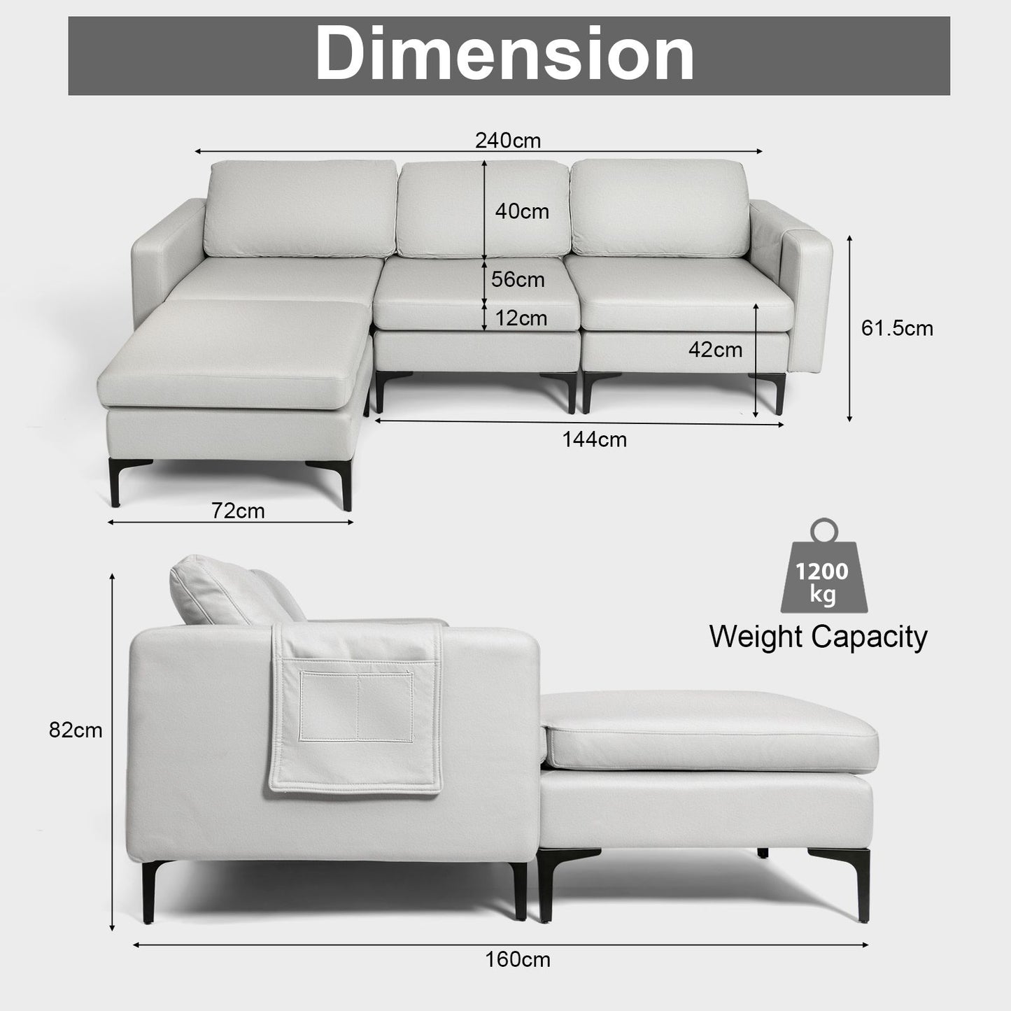 Modular L-Shaped Sofa with Chaise, Reversible Ottoman, Built-In Socket