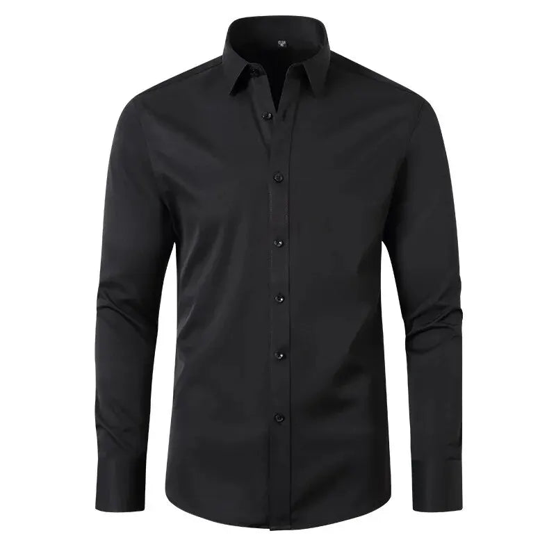 Men'S New Spring and Fall Thin Wrinkle Four-Side Elastic Solid Color Long-Sleeved Shirt Simple Business Light Luxury Shirt Tops