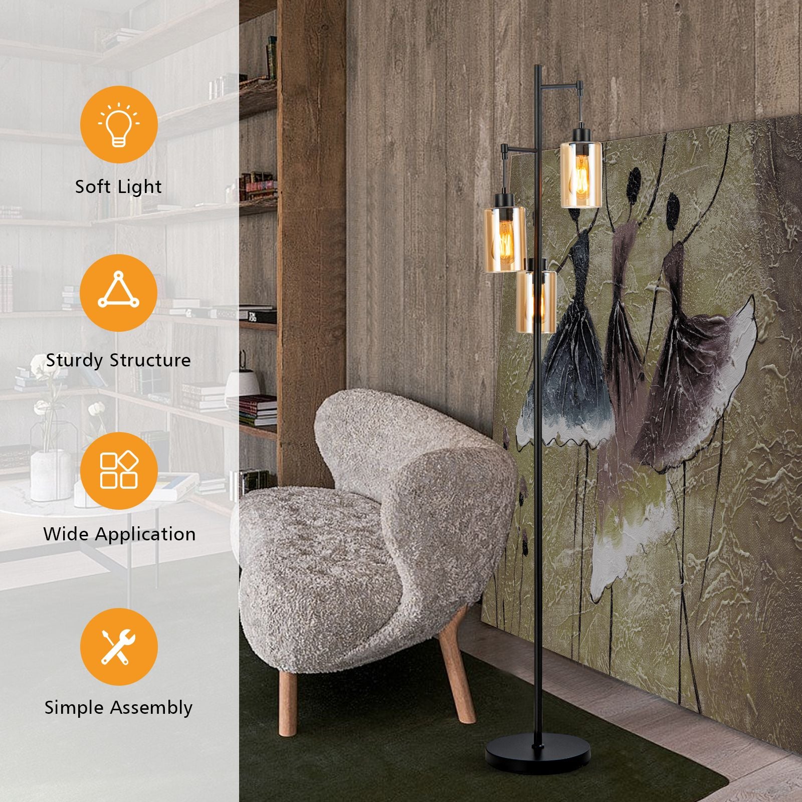 Freestanding Floor Lamp with 3-Head Hanging Amber Glass Shade