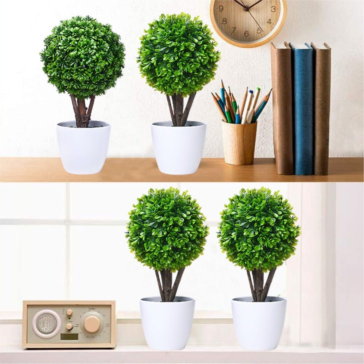 2X Fake Topiary Ball Hedging Plant Pots Evergreen Hardy Shrubs 33Cm in 9Cm