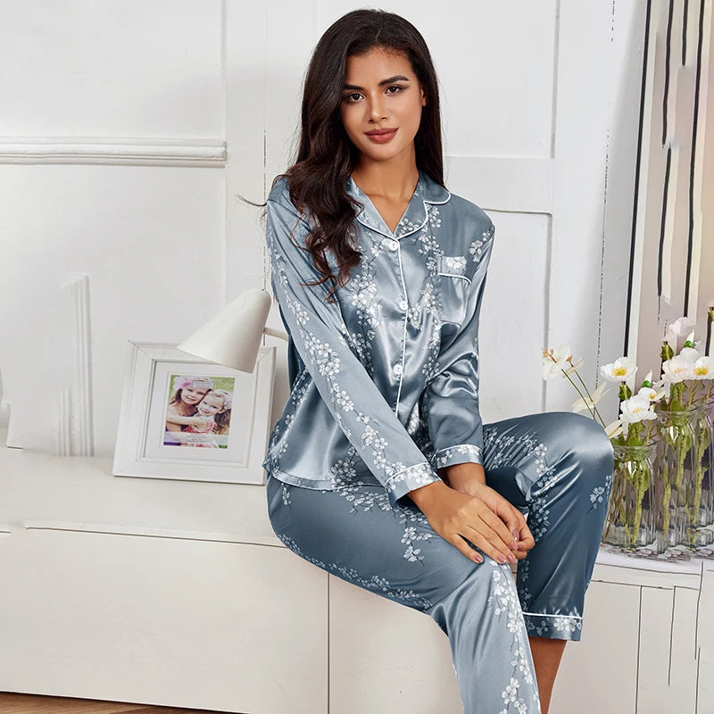 Pajamas Set Long Sleeve Sleepwear Women Button down Nightwear Pj Sets Print Shirt with Trouser Loungewear Female Pyjamas Suits