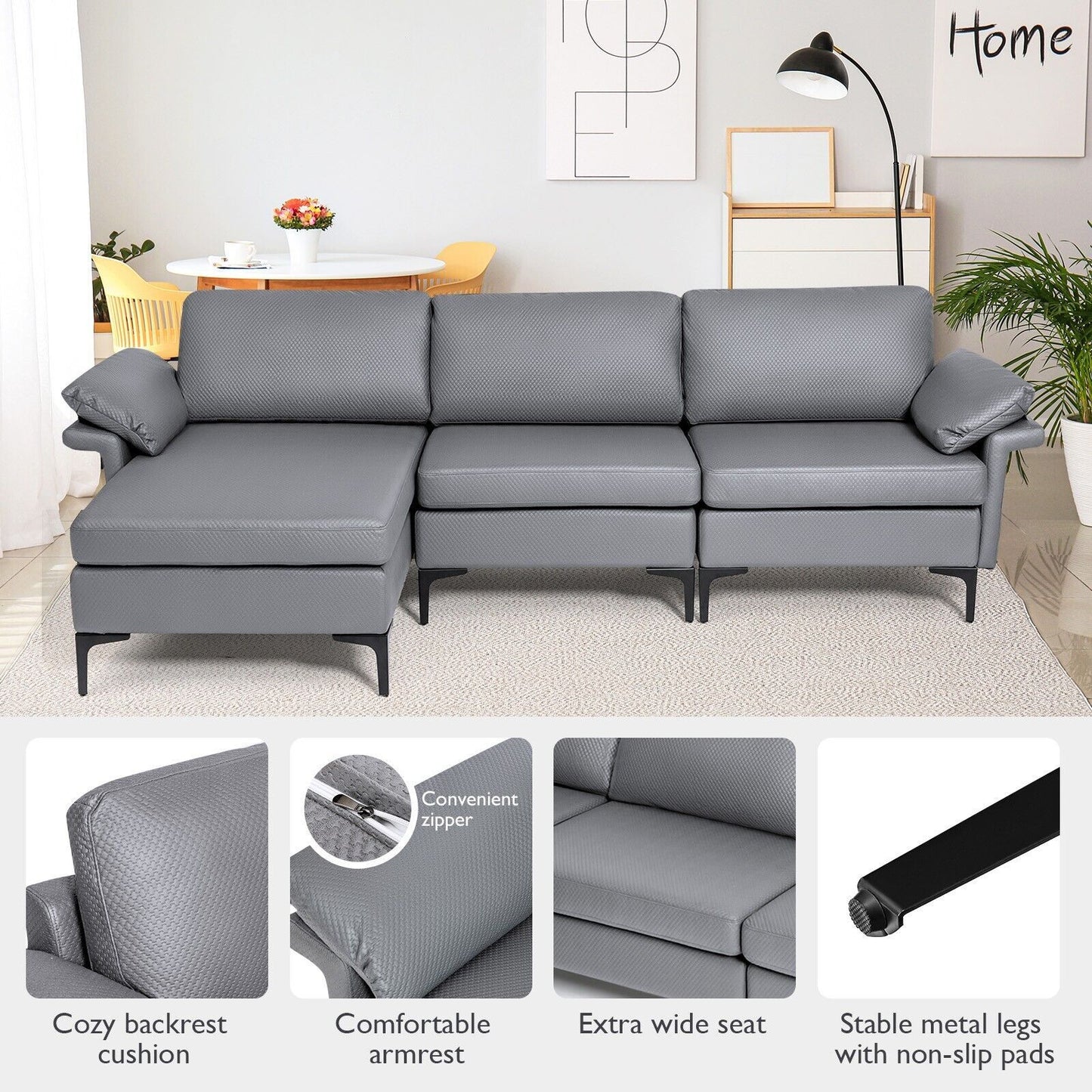 L-Shaped 3-Seat Upholstered Sectional Sofa