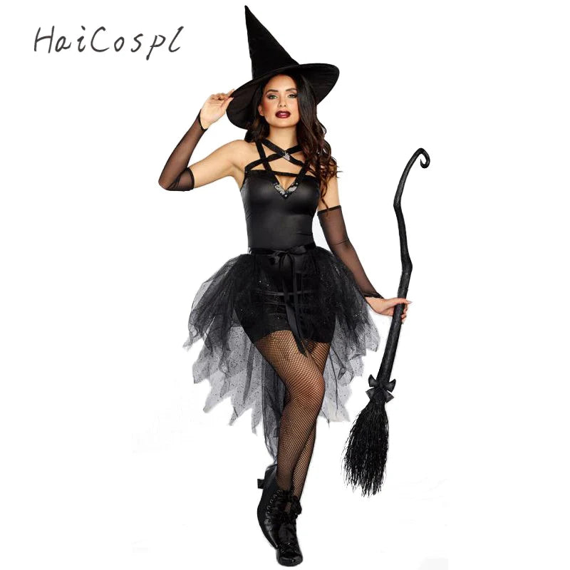 Fantasy Black Witch Fancy Dress up Party Dress Carnival Performance Clothing Halloween Costume Sorceress Costume Adult Cosplay