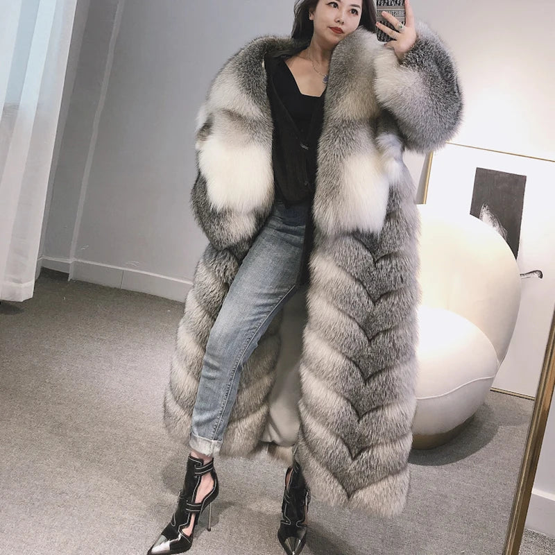 Ladies Long Fur Coat Hooded Women Real Fox Fur Jacket Long New Arrival Long Fur Coat 22-09