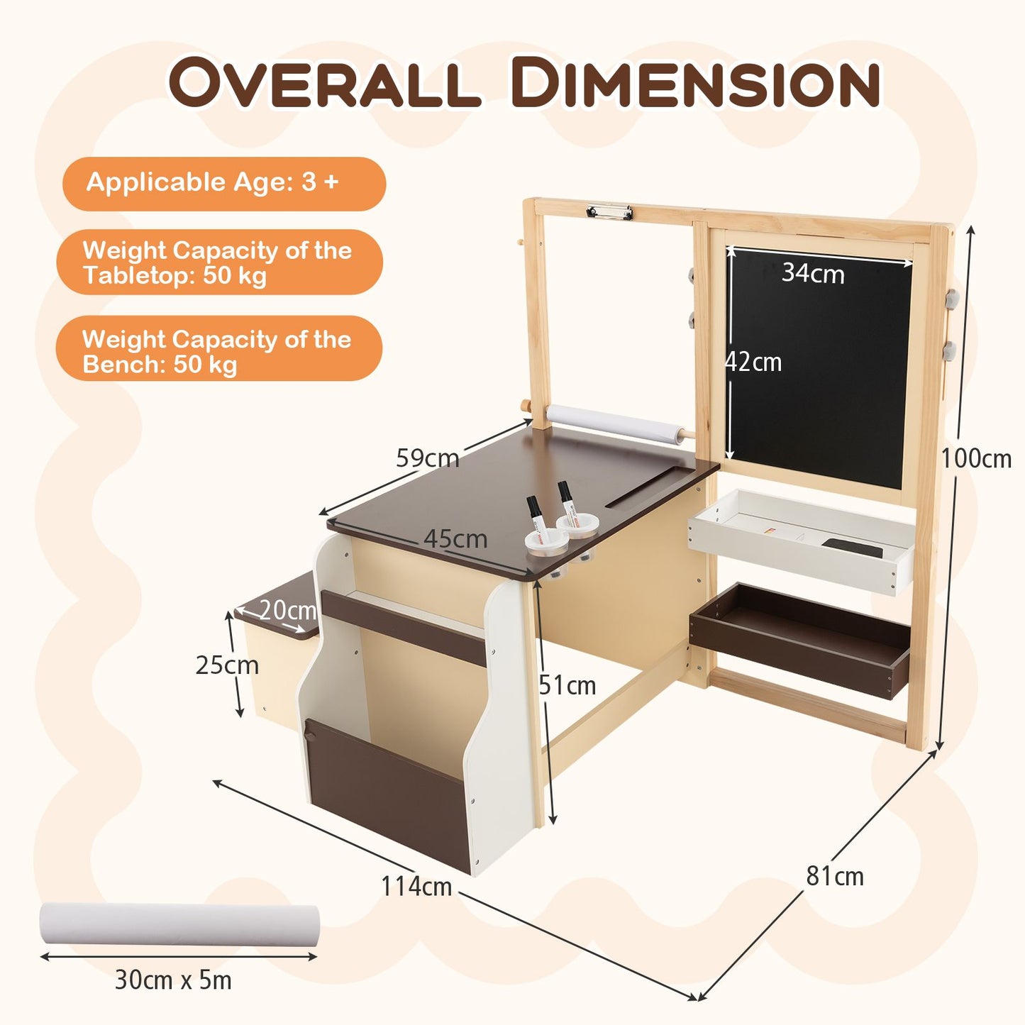 Kids Art Easel Table and Bench Set with Adjustable Easel and Bookshelf