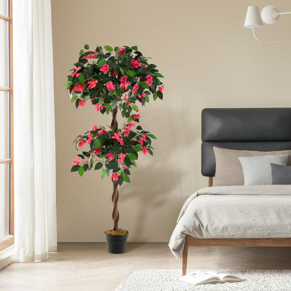 140 CM Artificial Bougainvillea Tree with 252 Flowers and 630 Leaves and Real Wood Trunk