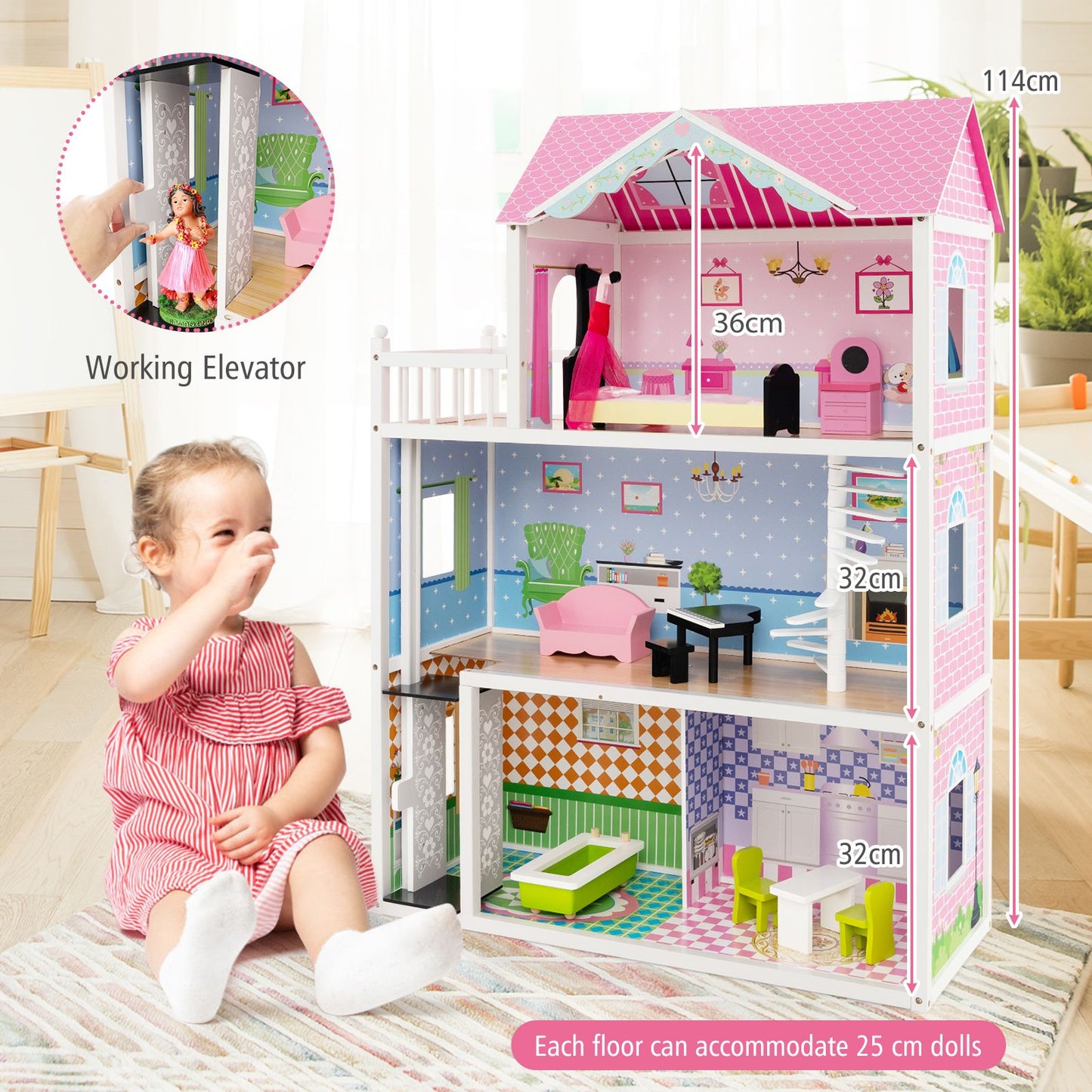 Wooden Dollhouse with Working Elevator and Rotatable Staircase