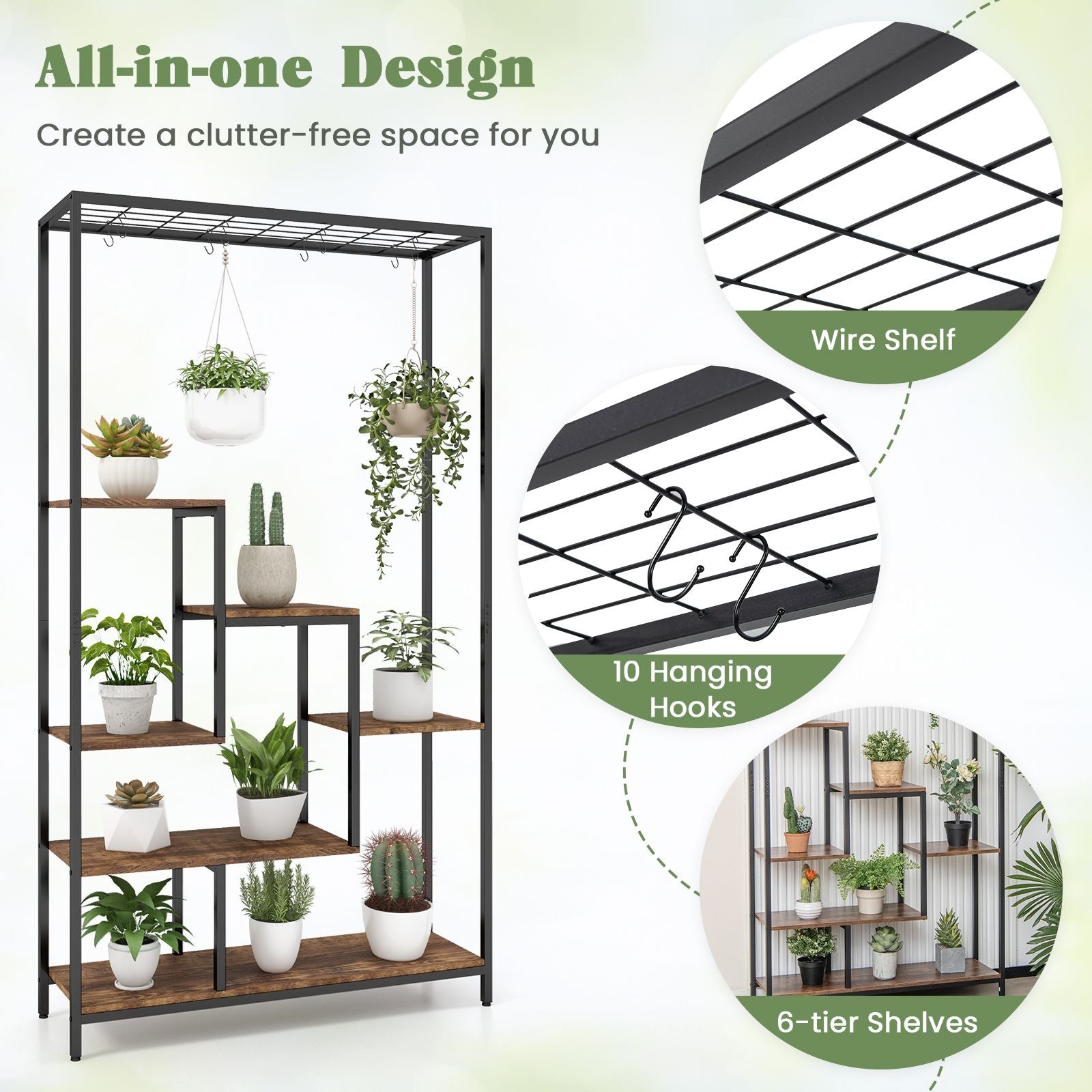 6-Tier Tall Plant Stand with 10 Hanging Hooks and Wire Shelf for Multiple Plants