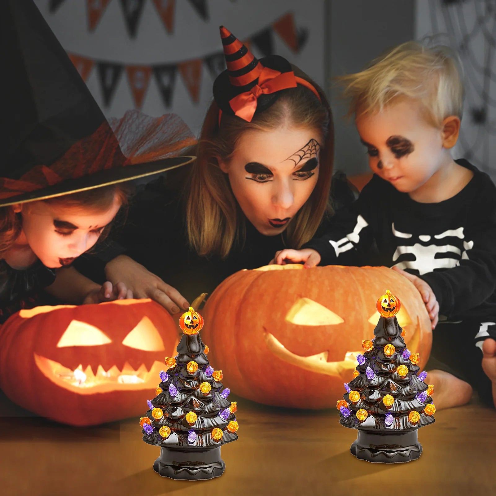 Halloween LED Tree Table Centerpiece Halloween Decor Ceramic Tree Christmas Tree Pumpkin Lighted Halloween Decorations