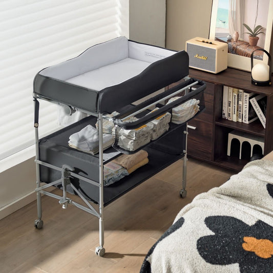 Folding Nursery Changing Table with Lockable Wheels and Storage Basket