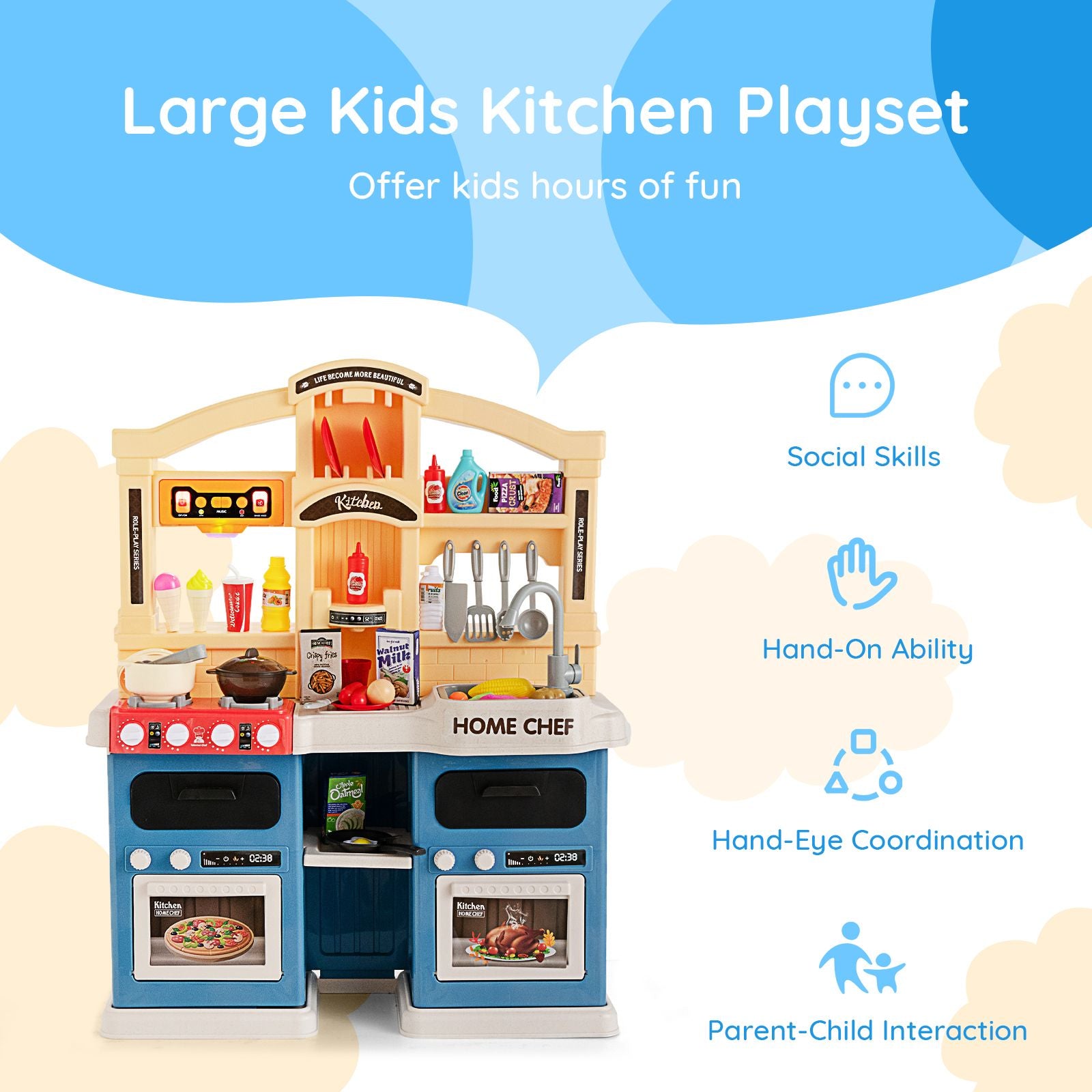 69 Pieces Kids Kitchen Playset Toy with Boiling and Vapor Effects