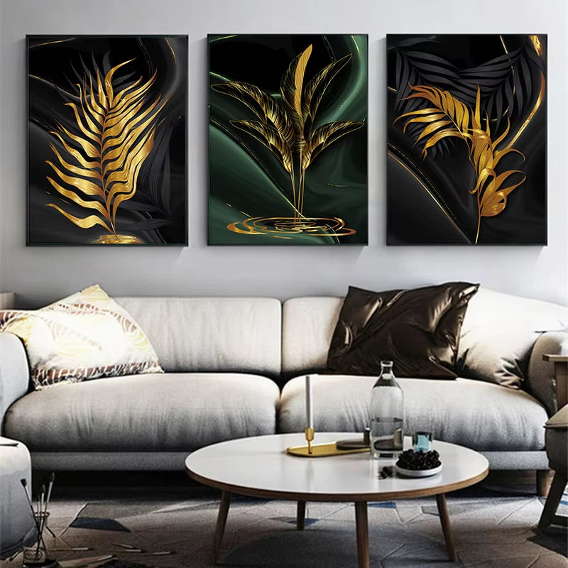 Plant Leaf Luxury Canvas Painting Home Decor Nordic Wall Art Abstract Black Green Wall Backdrop Poster and Print for Living Room