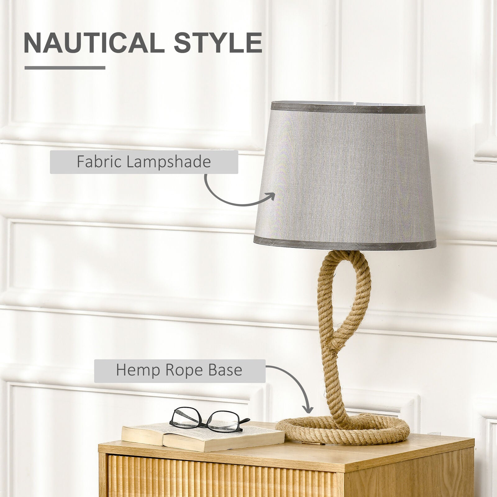 Nautical Table Lamp with Rope Base, Desk Fabric Light, Bedroom, Living Room