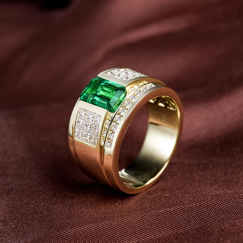 Luxury Natural Colombia Emerald Wedding Men Rings Real 14K Yellow Gold Princess Diamond Engagement Jewels Ring for Husband