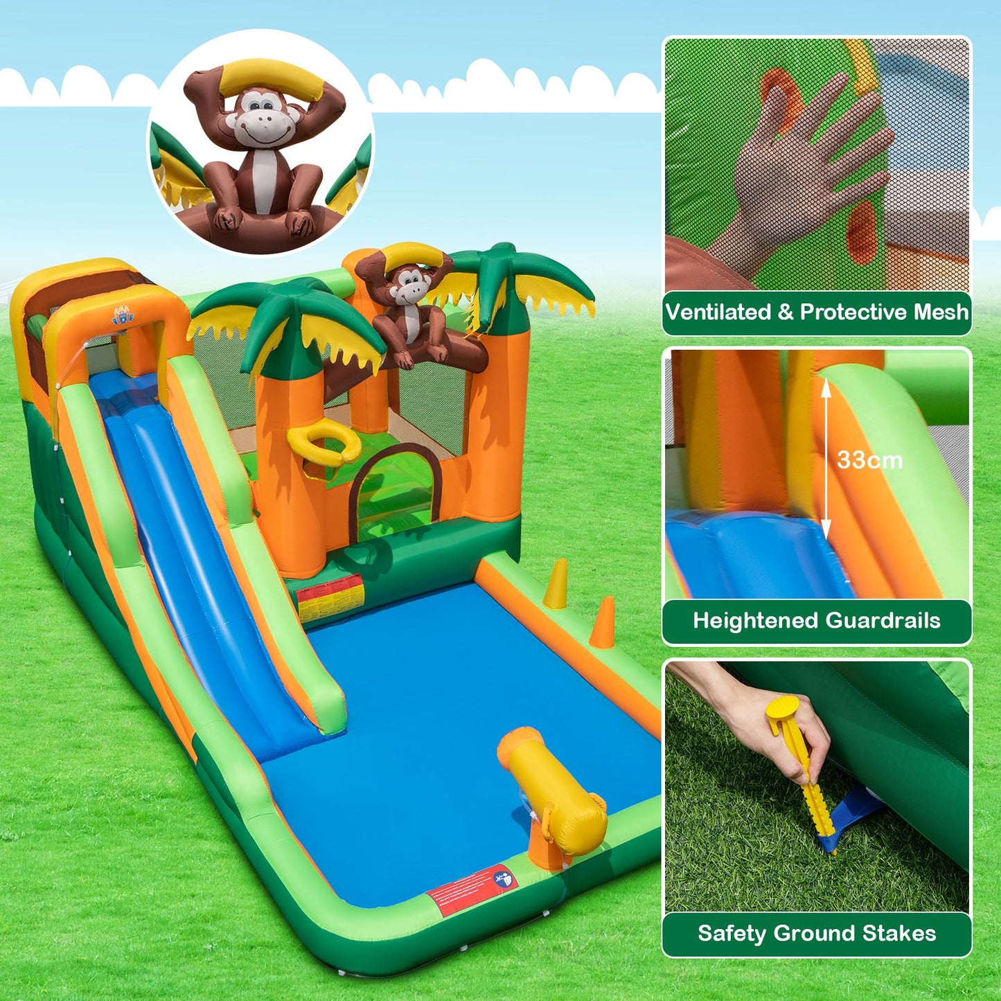 6-In-1 Monkey Themed Inflatable Water Slide Park with Slide and Splash Pool without Blower