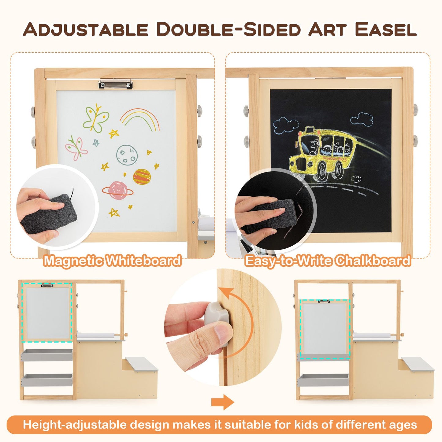 Kids Art Easel Table and Bench Set with Adjustable Easel and Bookshelf