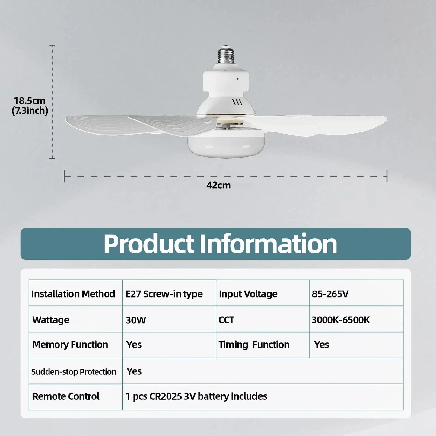 Ceiling Fan Light LED 30W E27 with Remote Control for Dimming, Suitable for Living Room, Study, Household Use, 85-265V