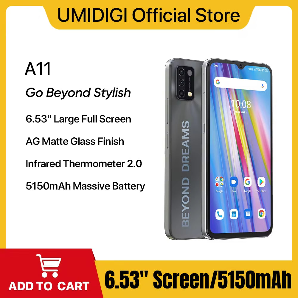 A11 Global Version Android 11 Smartphone Helio G25 4GB 128GB 6.53" HD+ 16MP+8MP Triple Camera 5150Mah Dual SIM Cellphone