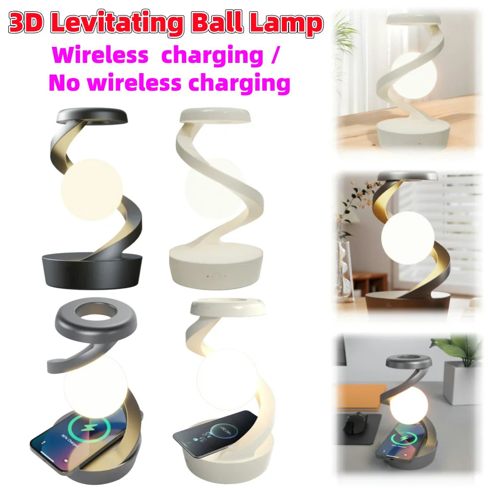 3D Levitating Ball Lamp with Wireless Phone Charger Creative Table 3D LED Lamp Floating Moon Table Lamp for Bedroom Novelty Gift