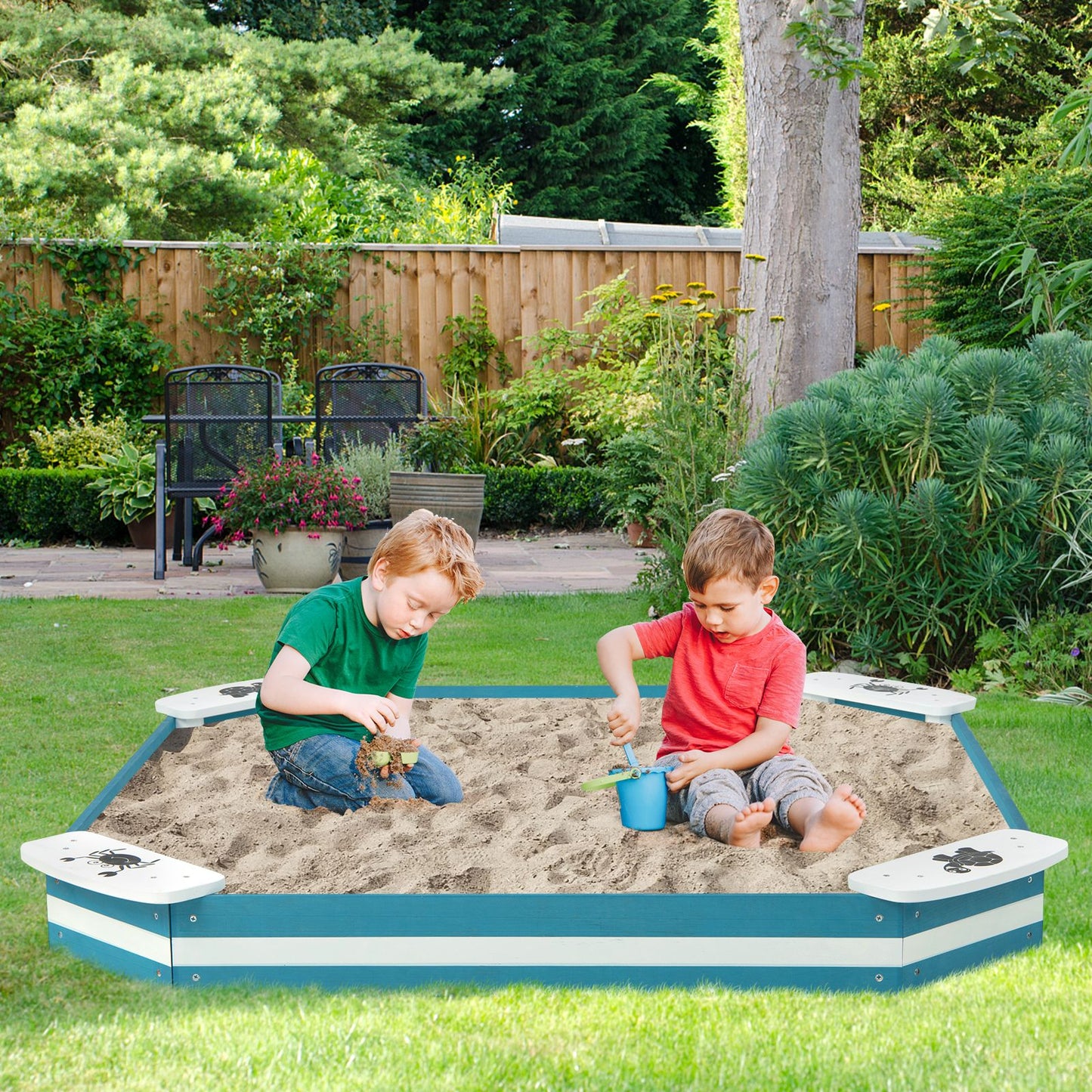 Kids Wooden Sandbox with 4 Built-In Seats for Backyard Sand Play