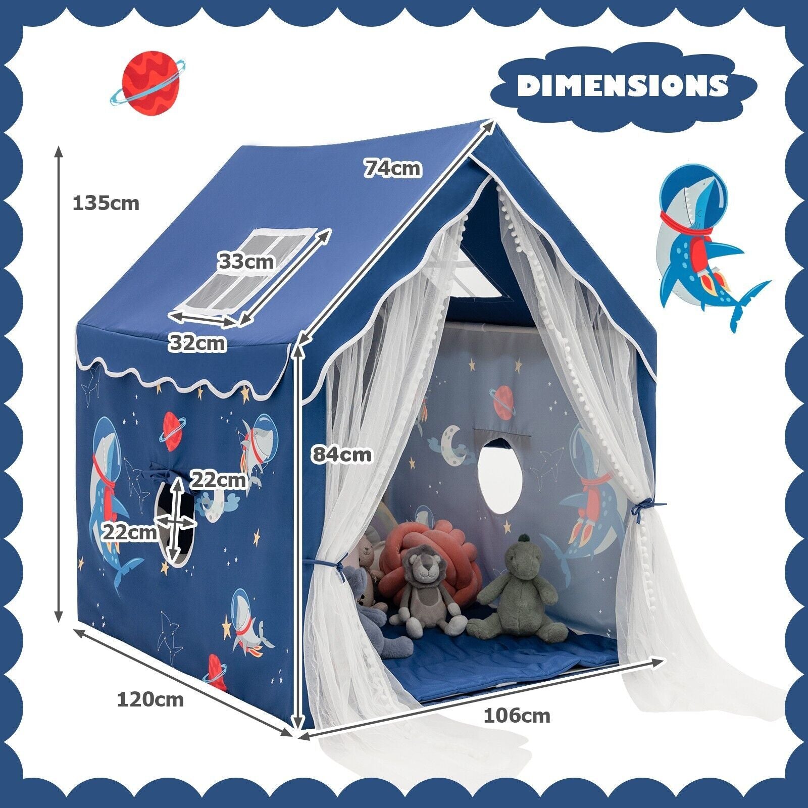 Kids Play Tent with Washable Mat and Windows