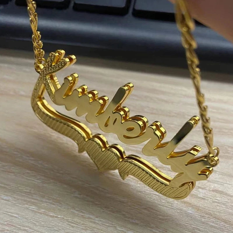 Customized Name Necklace Double 18K Gold Plated Nameplate 3D Necklace Personalized Choker Women Double Layer Name Necklace Gifts