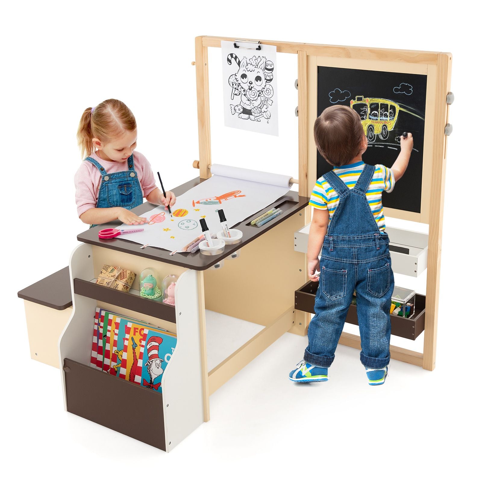 Kids Art Easel Table and Bench Set with Adjustable Easel and Bookshelf