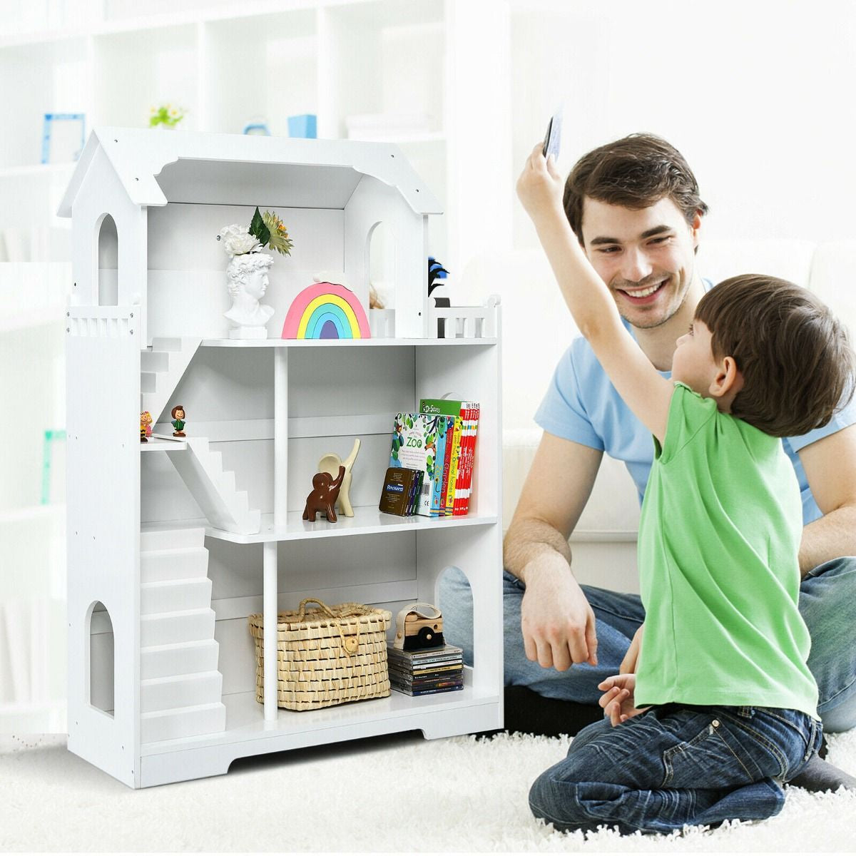 3-Tier Wooden Dollhouse Bookcase for Playroom Bedroom