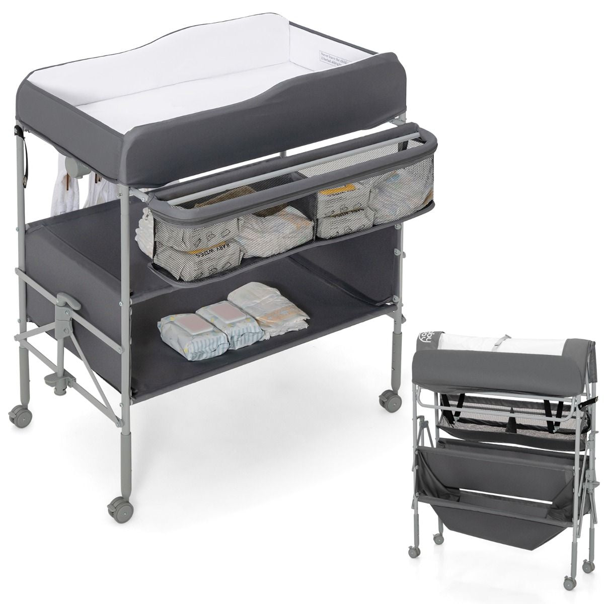 Folding Nursery Changing Table with Lockable Wheels and Storage Basket