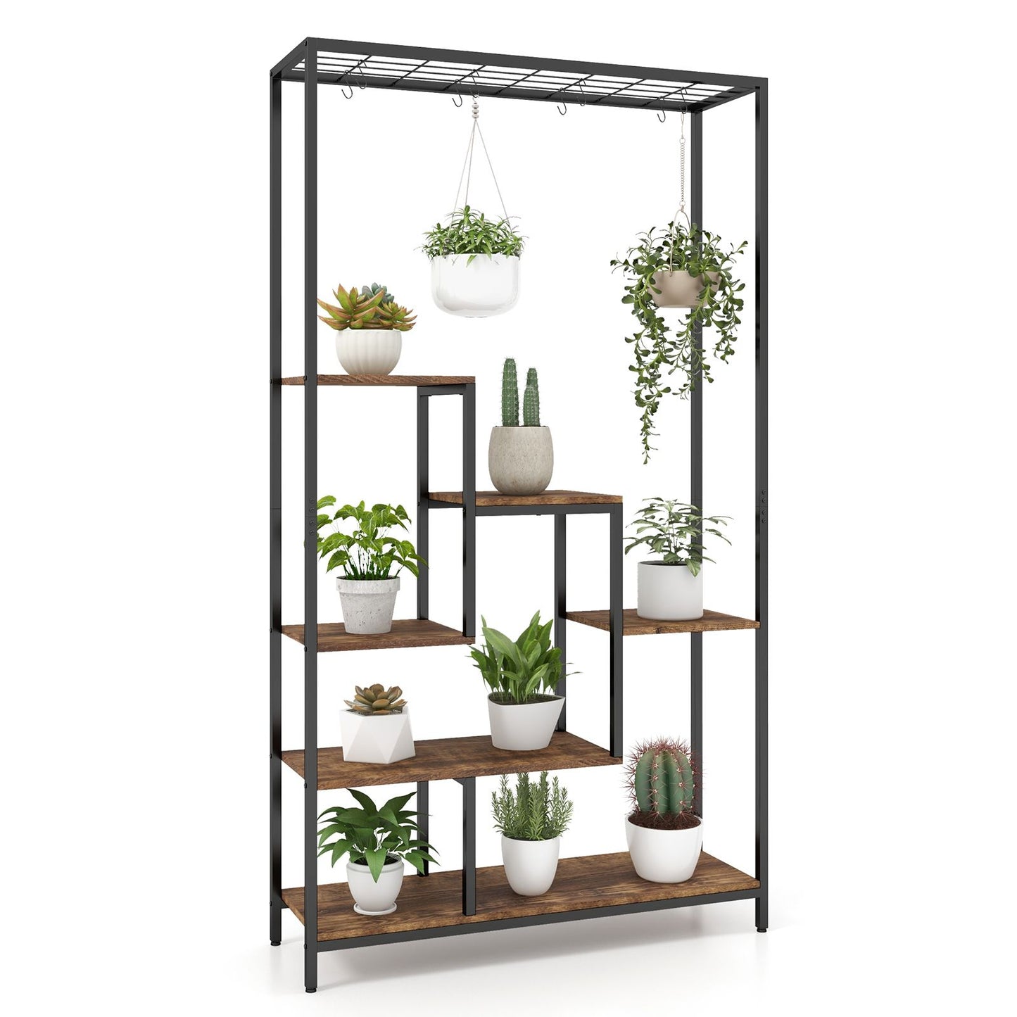 6-Tier Tall Plant Stand with 10 Hanging Hooks and Wire Shelf for Multiple Plants